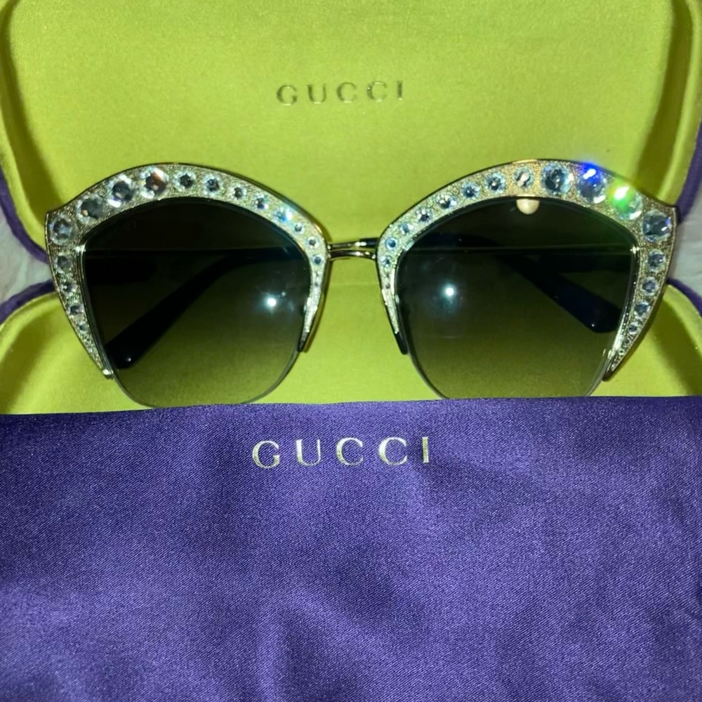Gucci Swarovski crystal and gold metal cat eye sunglasses